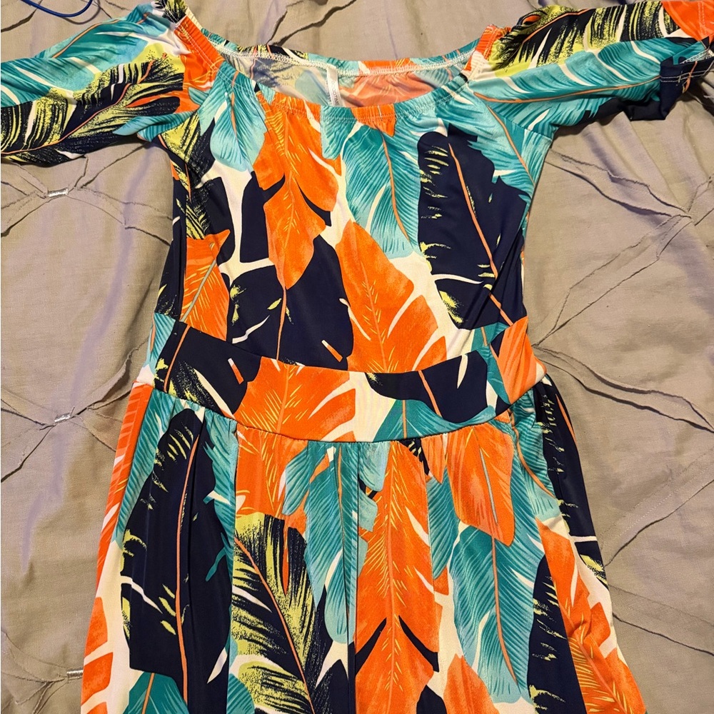 Off-Shoulder Tropical Print Jumpsuit in Orange & Teal